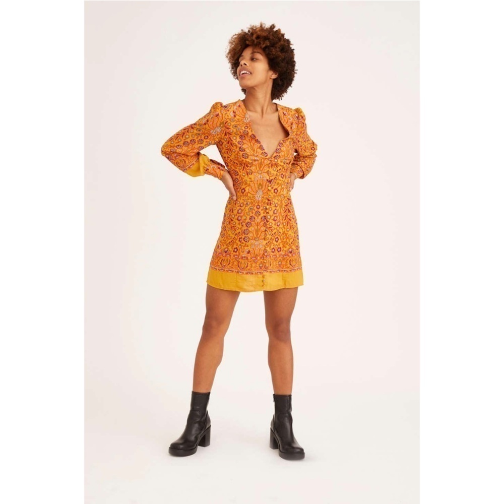 URBAN OUTFITTERS | Michelle Plunging Long Sleeve Mini Dress Mustard Orange XS